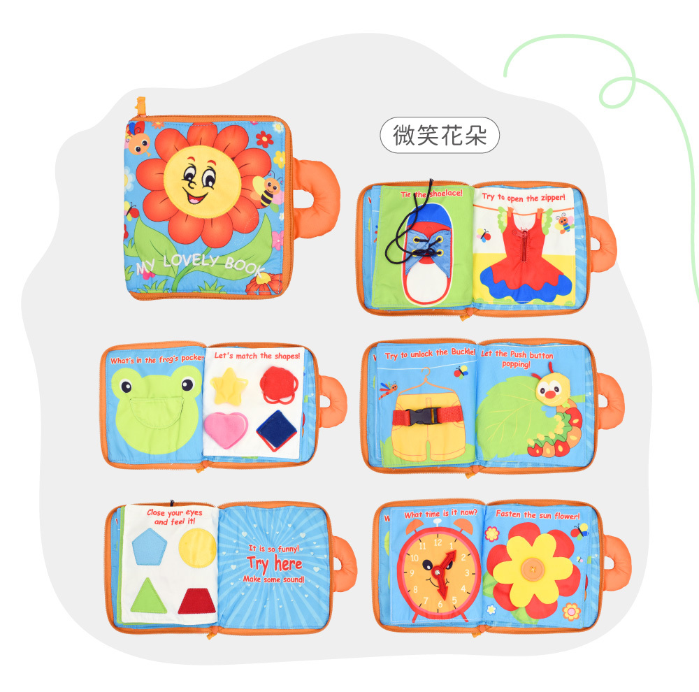 OceanBaby 穿衣練習布書微笑花朵款-練習拉鍊、鈕扣、插扣與綁鞋帶。