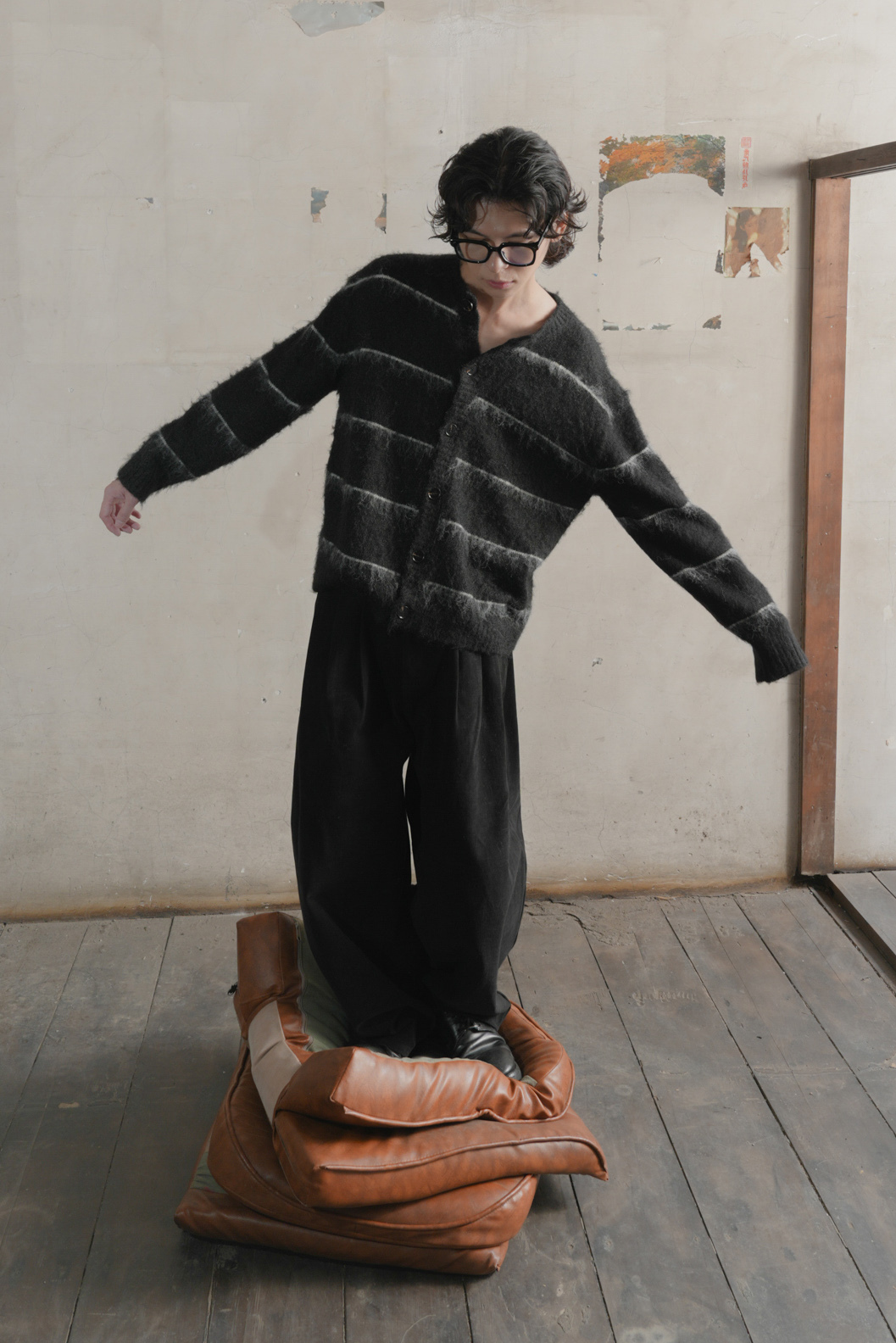 【Unisex】Fluffy Stripe Knit Cardigan #罩衫