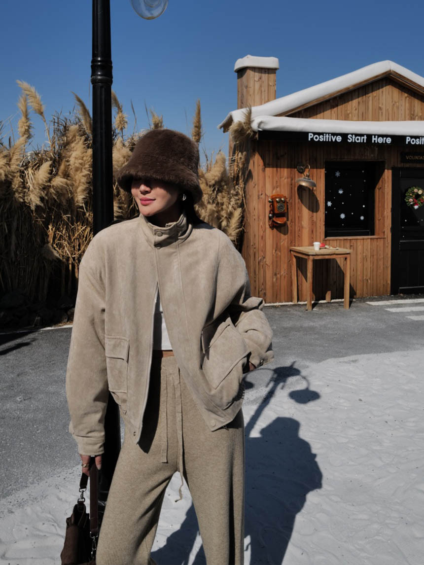 立領內羊羔毛外麂皮歐美外套*2色