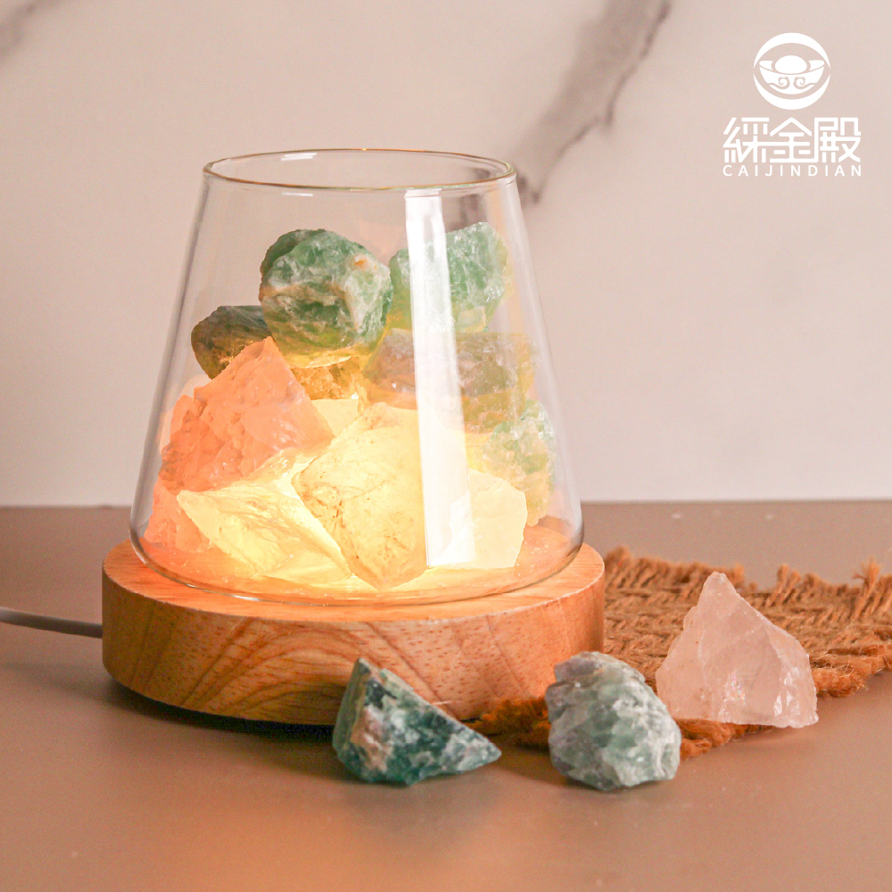 鹽燈-水晶療癒USB岩燈-綠螢石+粉水晶｜過爐加持｜水晶｜夜燈｜平衡情緒｜提升正｜能量【綵金殿】