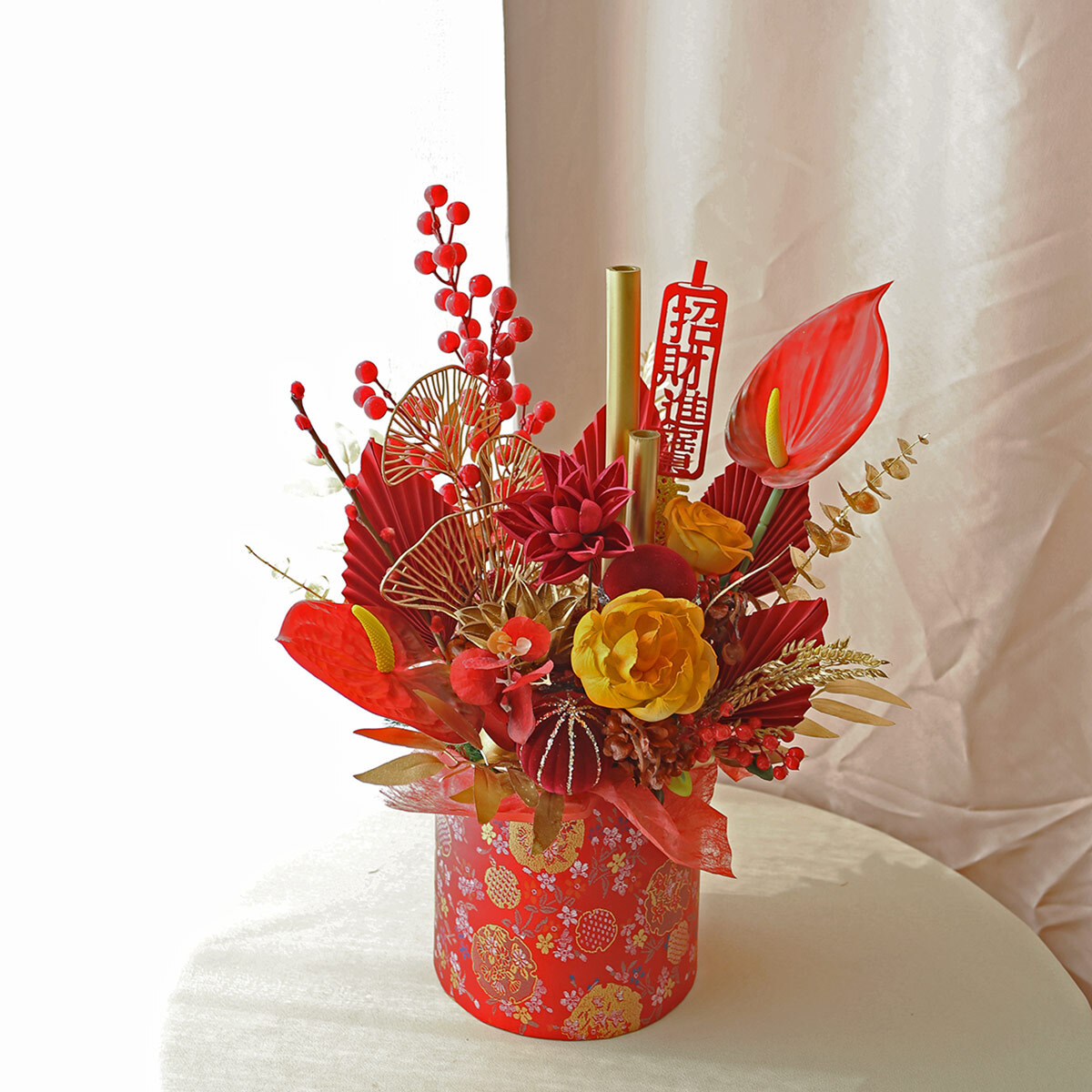 T46｜福氣滿滿新年福桶｜乾燥花/高擬真花｜新年盆花/春節佈置