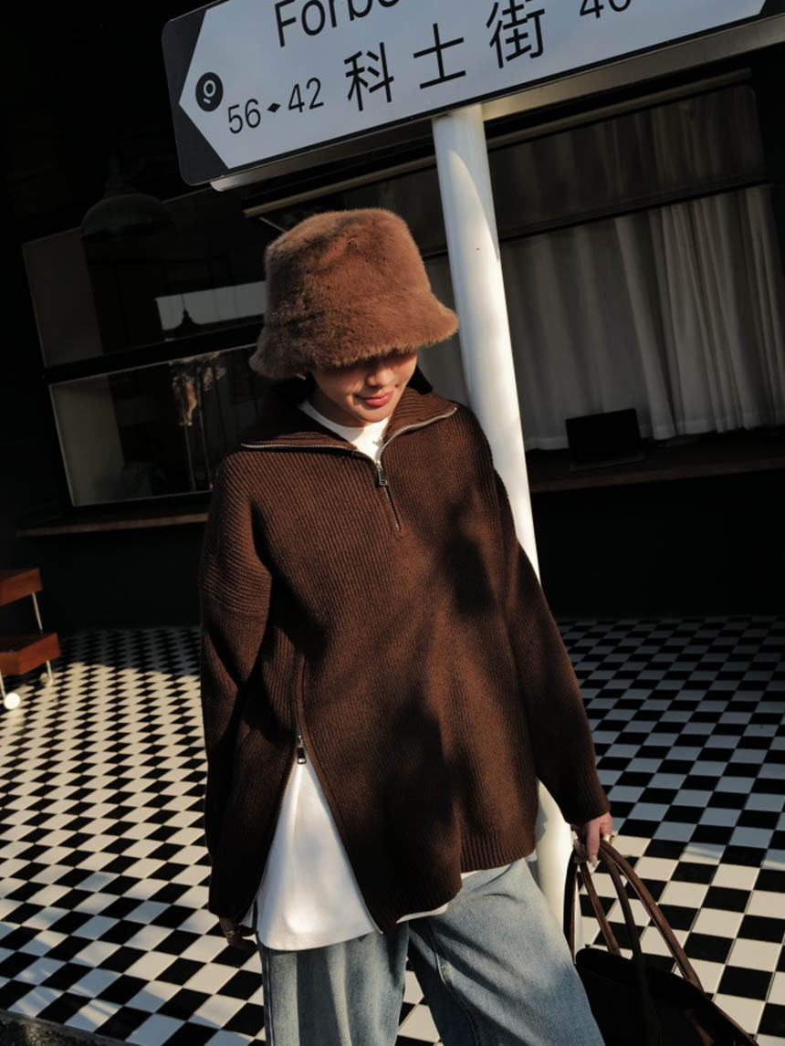 男友翻領單側拉鍊上衣毛衣*5色