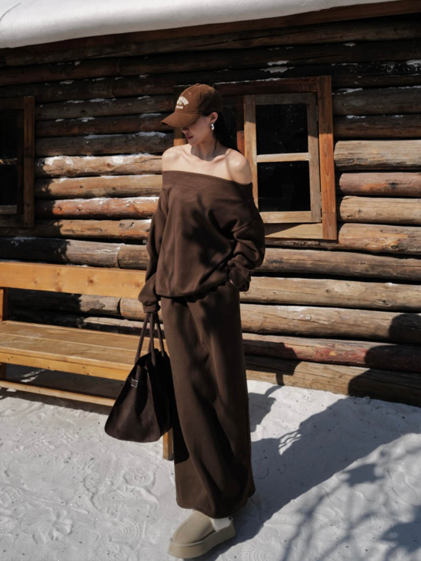 內抓絨一字肩長裙套裝*3色