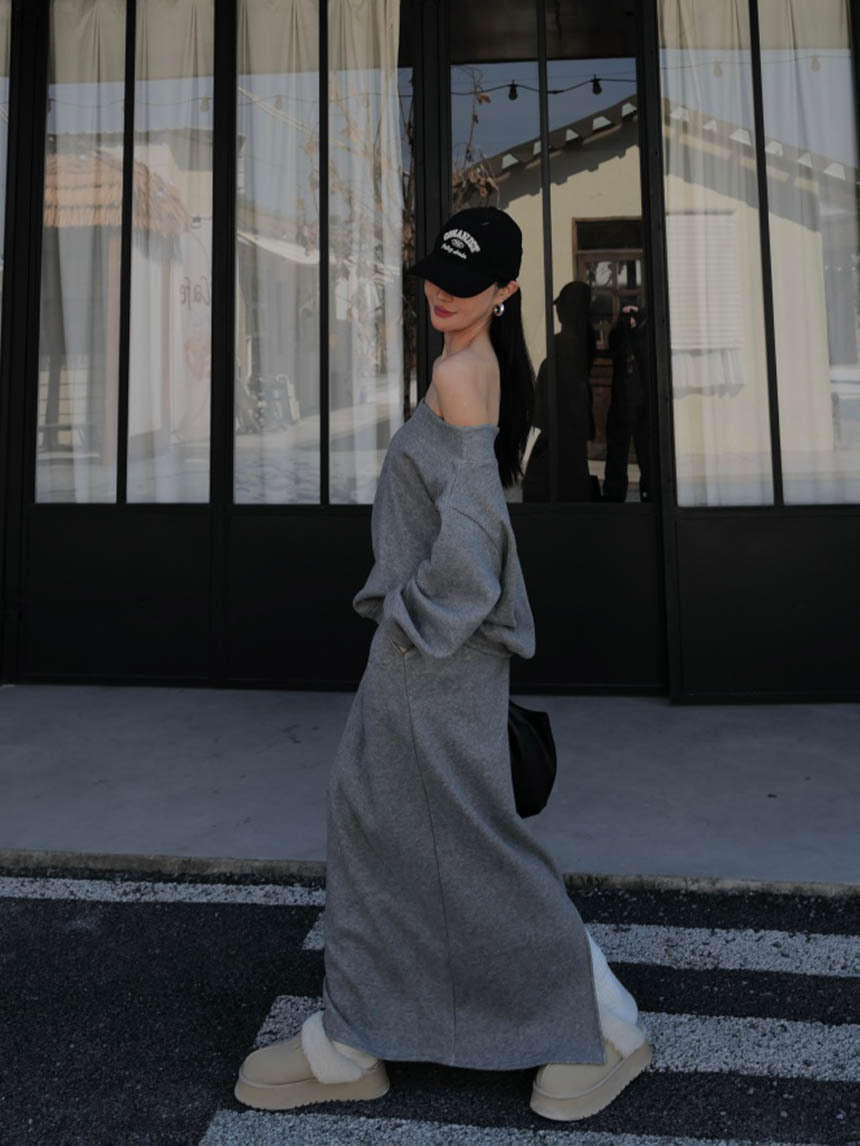 內抓絨一字肩長裙套裝*3色