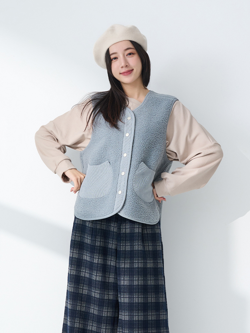 溫暖搖粒絨背心素面上衣蘇格蘭格紋八分寬褲組合