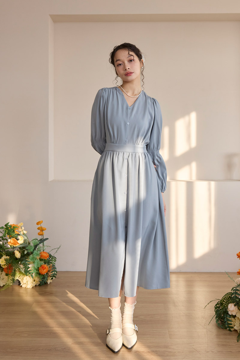 假排釦下襬開衩洋裝