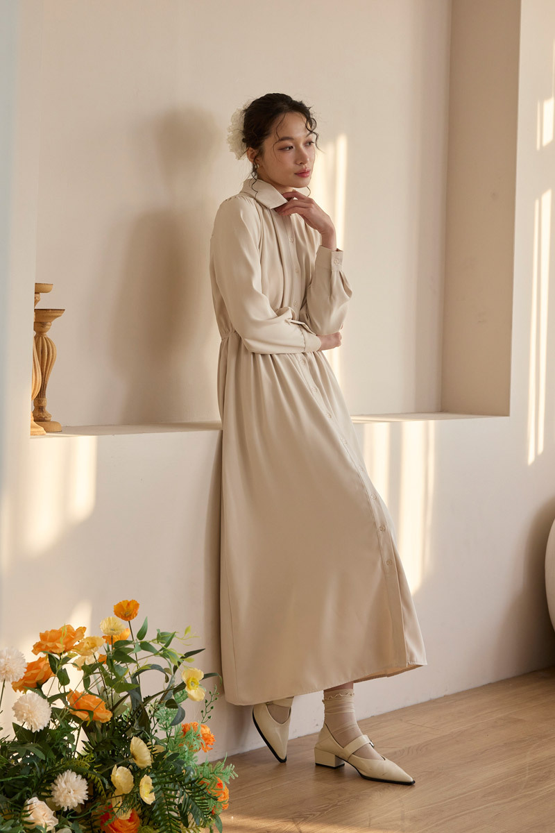 縮腰傘襬長洋裝(附綁帶)