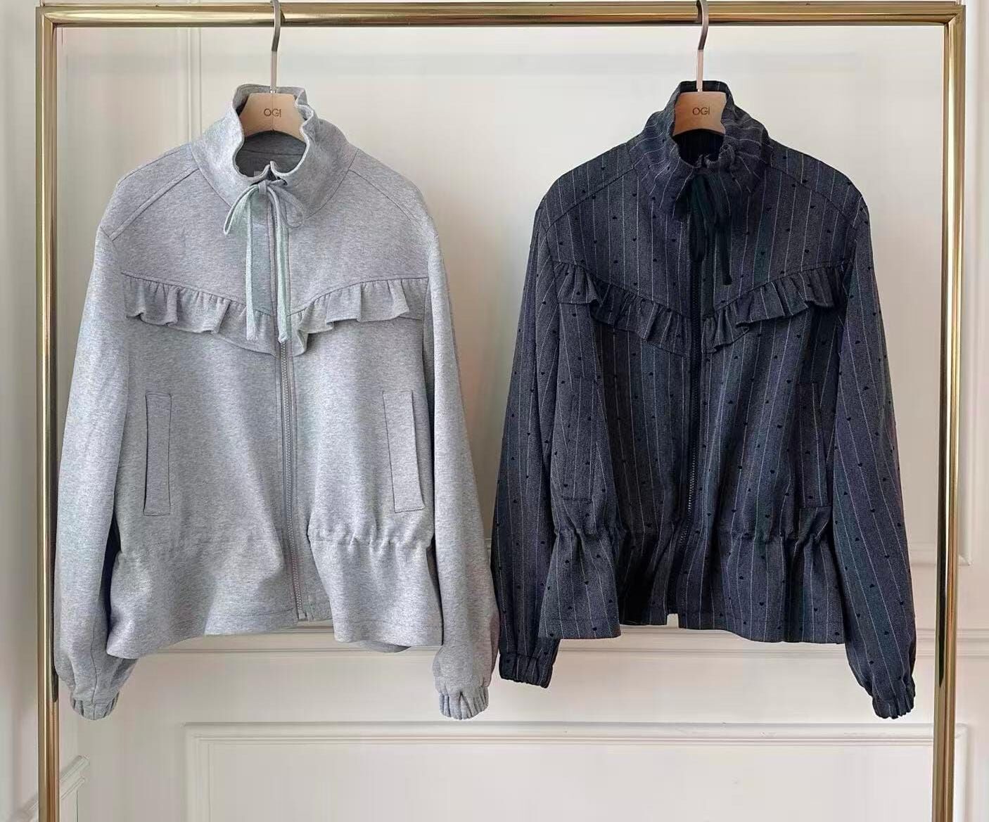 OG5458 荷葉邊立領拉鍊外套