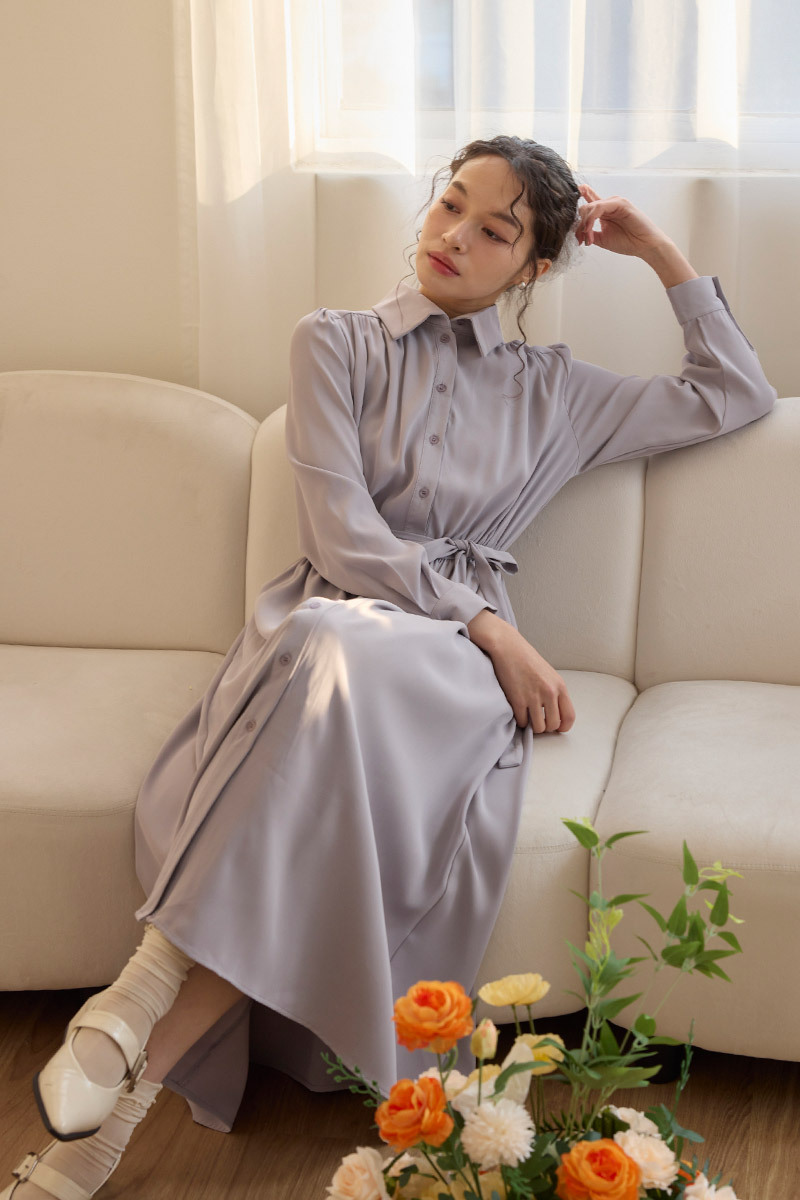 縮腰傘襬長洋裝(附綁帶)