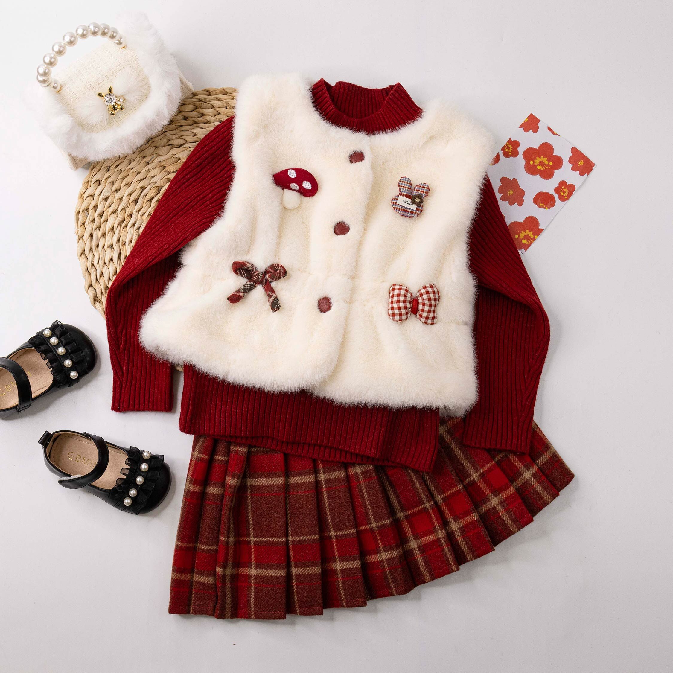 【H56031】兔兔菇菇與蝴蝶結三件式套裝(附兔兔別針)＊二色