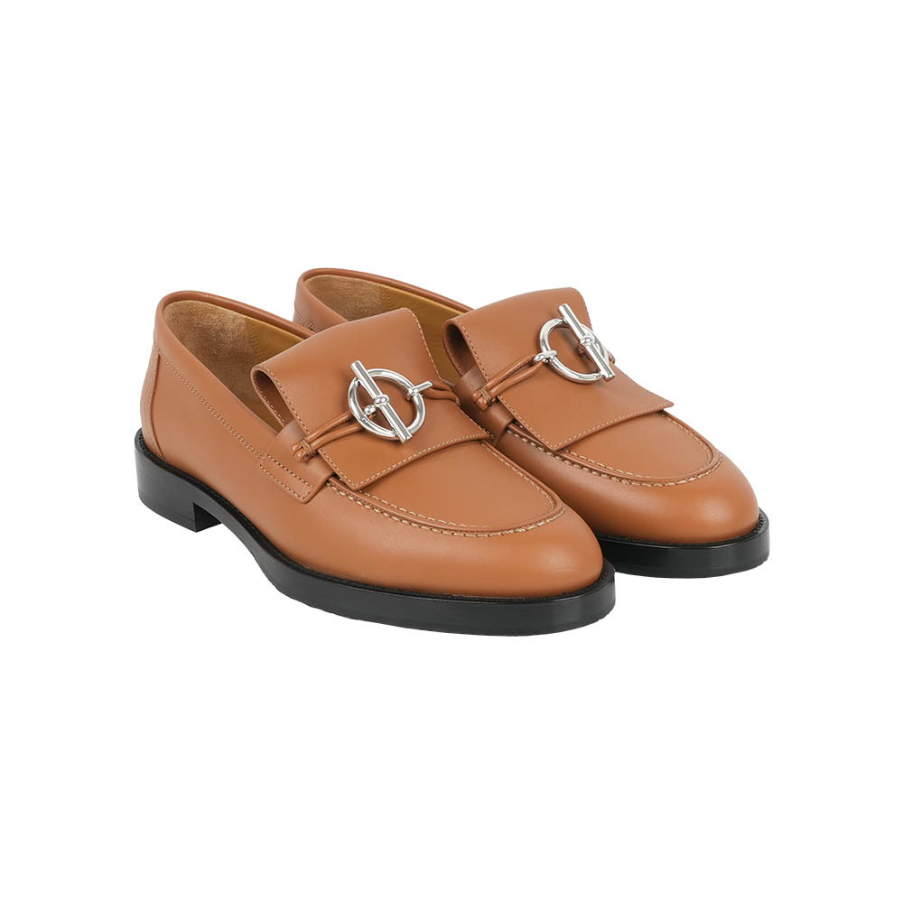 【Hermès】Impact 銀色馬銜造型樂福鞋 36.5 (金棕色)