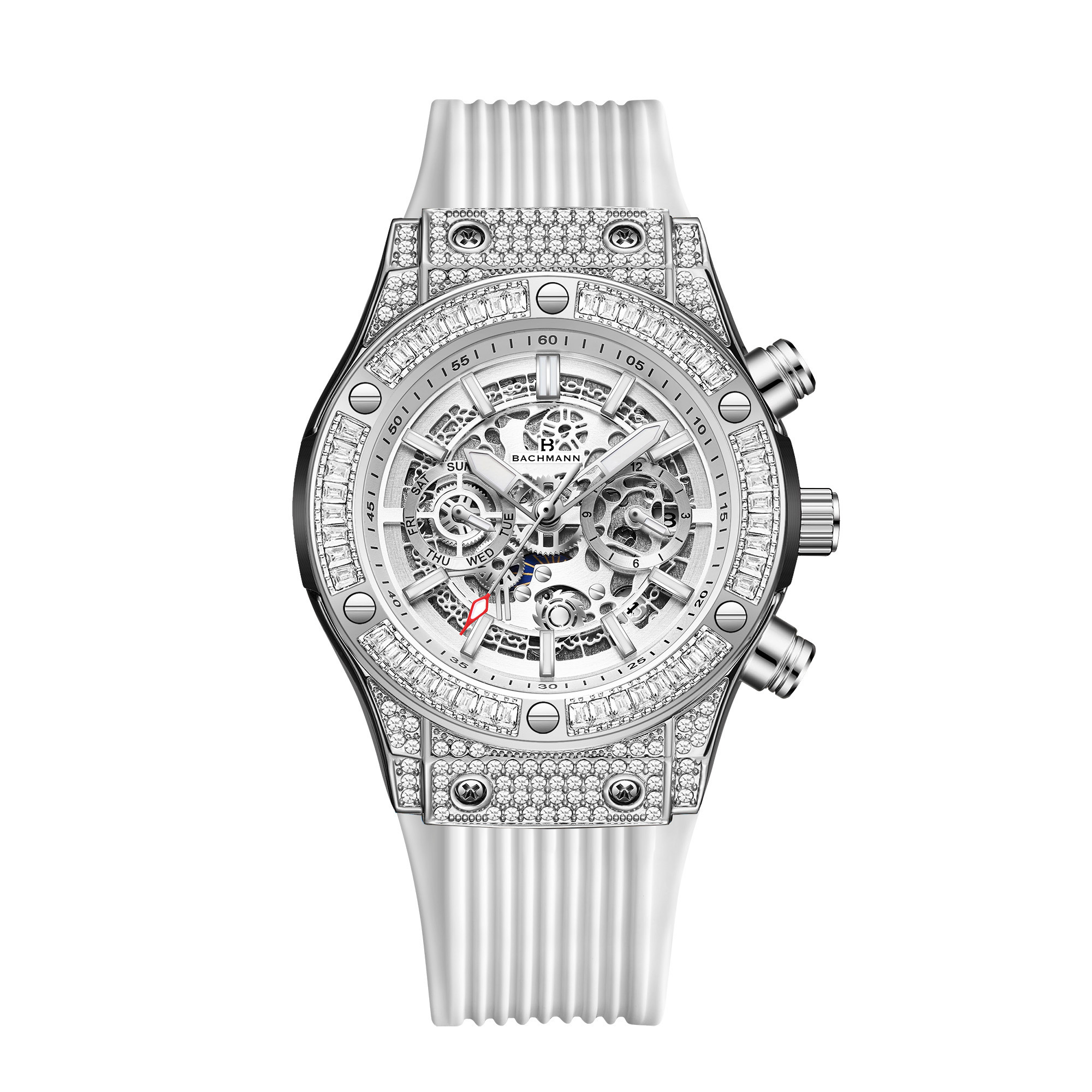 【BACHMANN 貝爾曼】 6839 晶鑽時尚 鏤空齒輪 星期月份 夜光指針 雙眼 機械錶 腕錶 手錶