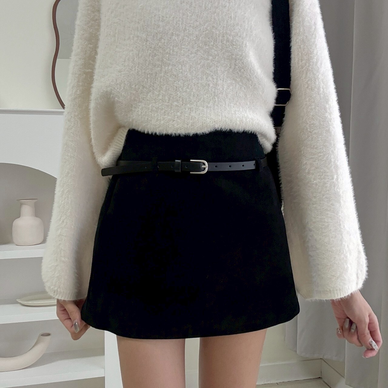 厚西裝鬆緊腰微A字短裙（現貨）