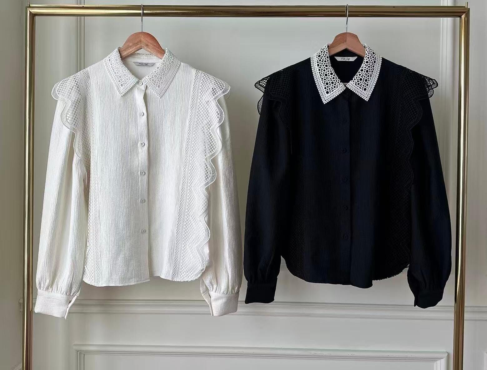 OG5460 波浪蕾絲通花領樹紋恤衫