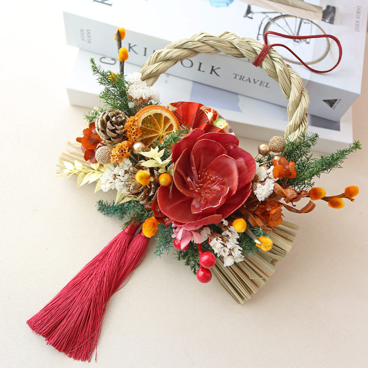WR12｜心想事成注連繩掛飾｜乾燥花/索拉花/永生葉材｜新年掛飾/春節佈置