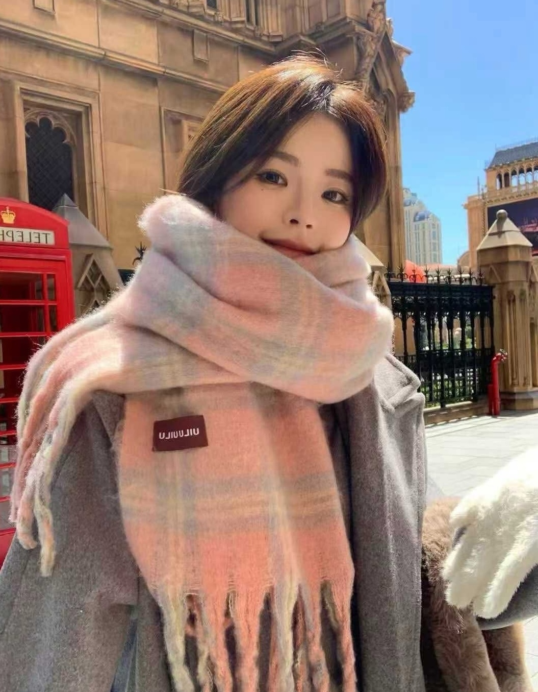 大格紋配色柔軟圍巾