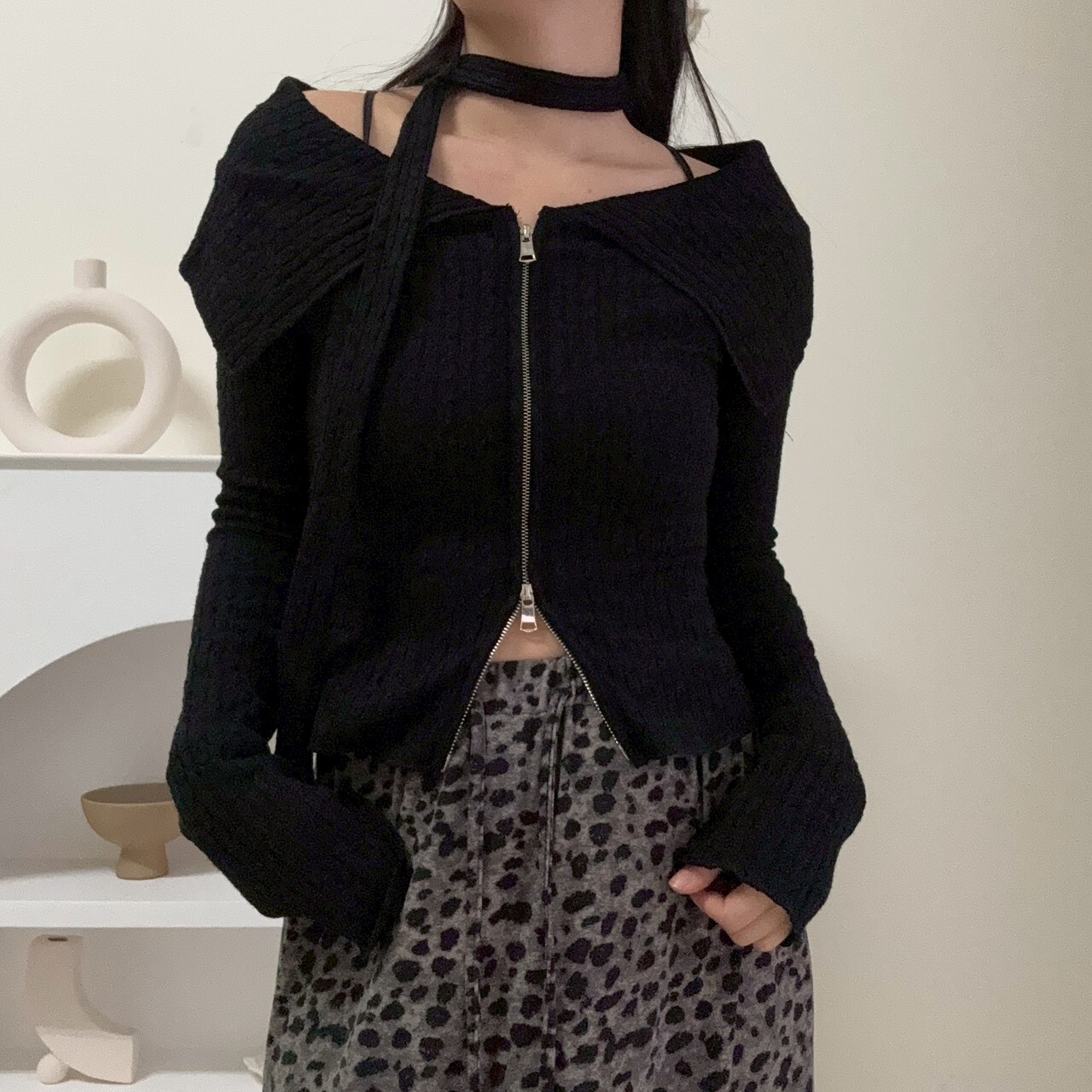 附綁帶大翻領雙拉鏈上衣（現貨）