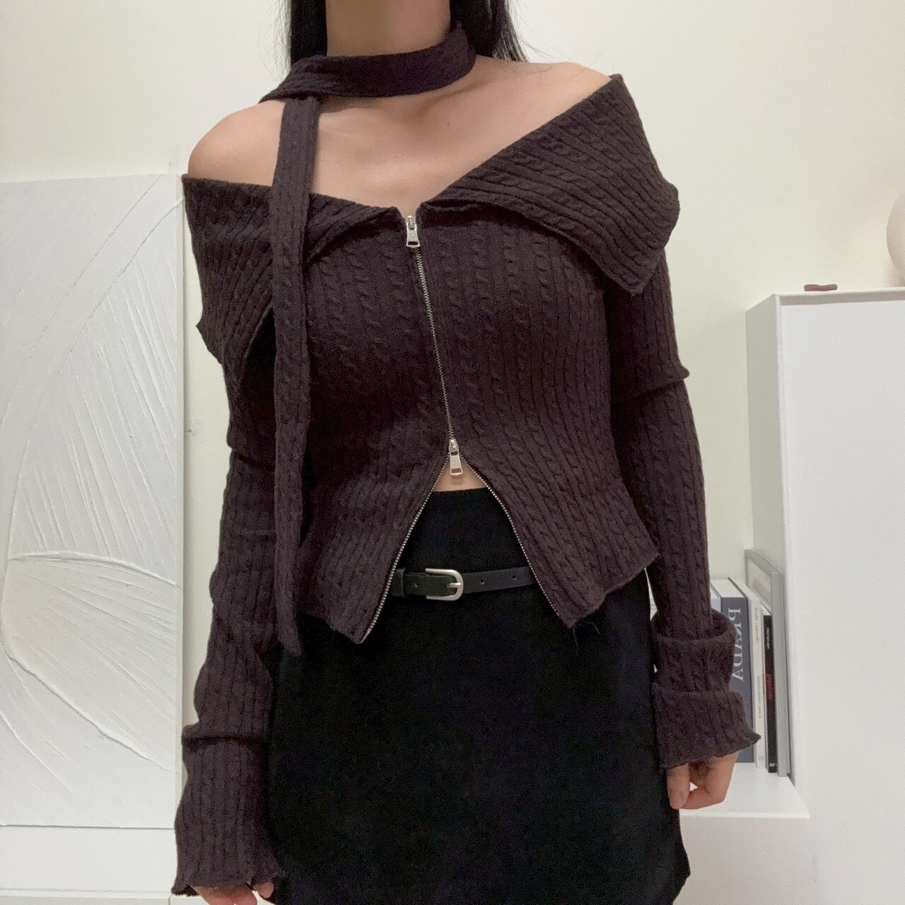 附綁帶大翻領雙拉鏈上衣（現貨）