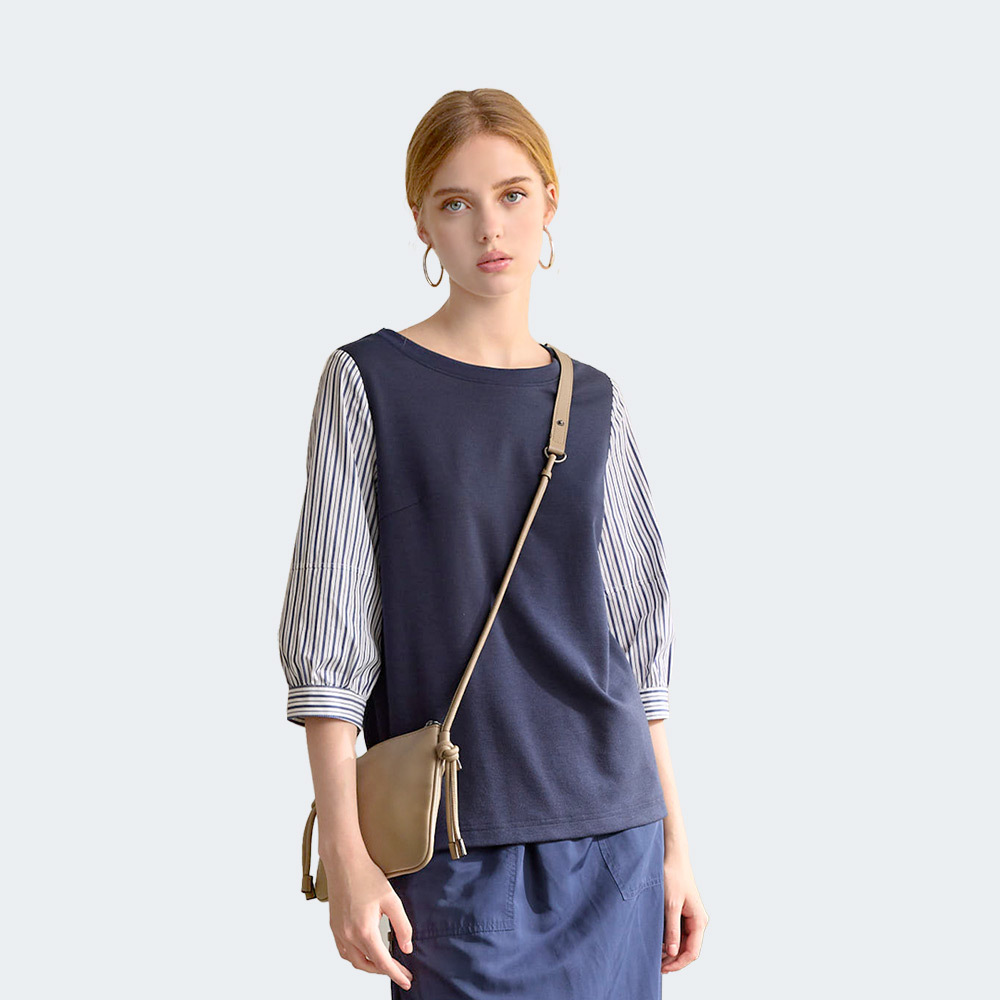 雙材質拼接條紋袖上衣