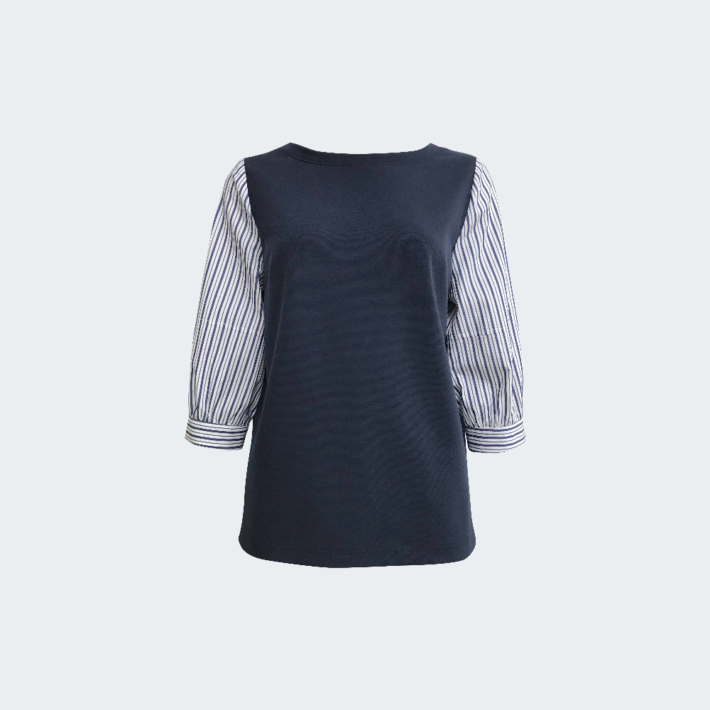 雙材質拼接條紋袖上衣