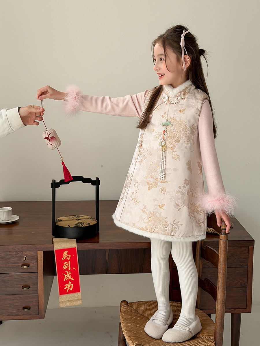 杏花粉夾棉旗袍背心裙(90-160)