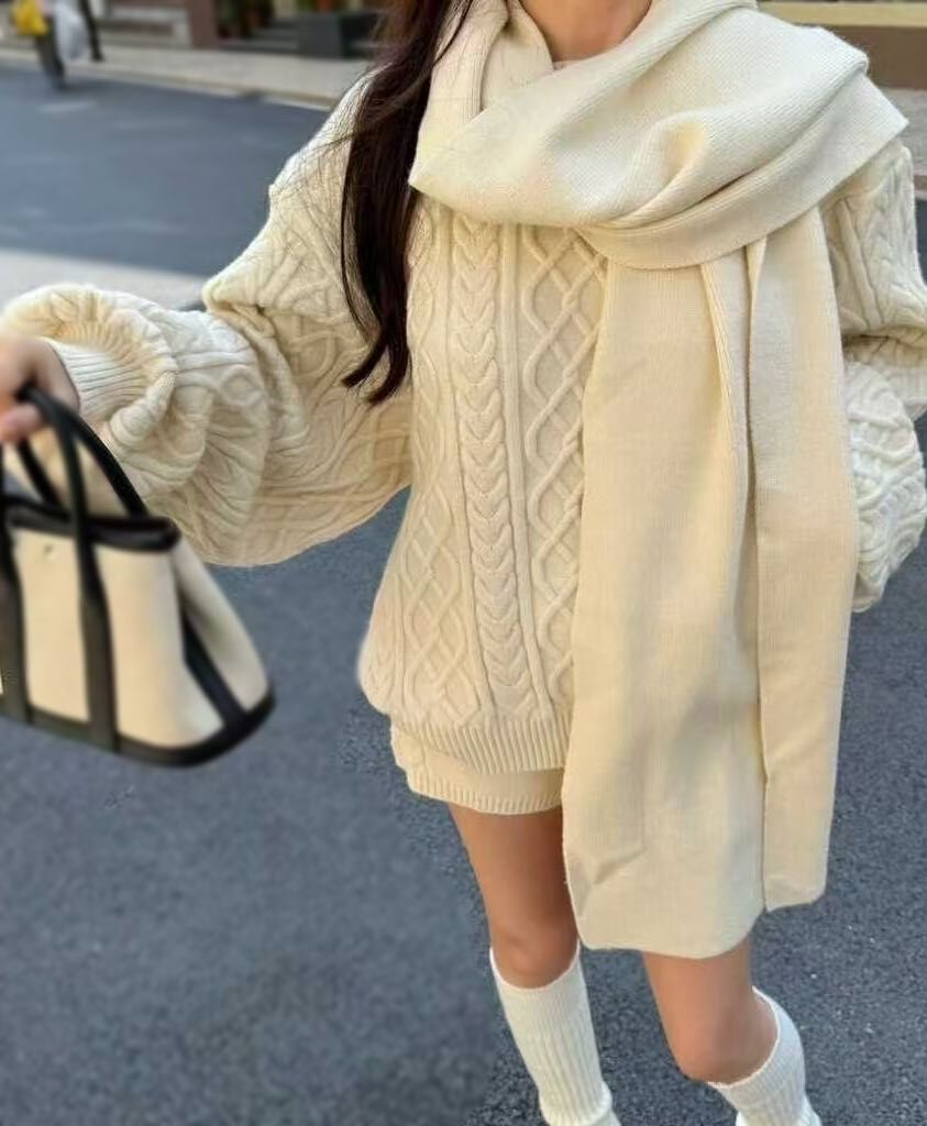 麻花編織三件組 圍巾上衣短褲