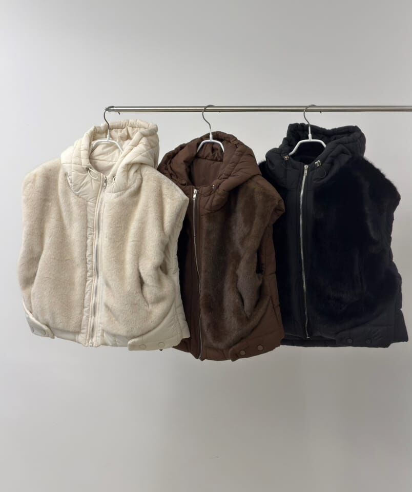 SA5401 方格羽絨拼毛毛拉鏈連帽外套