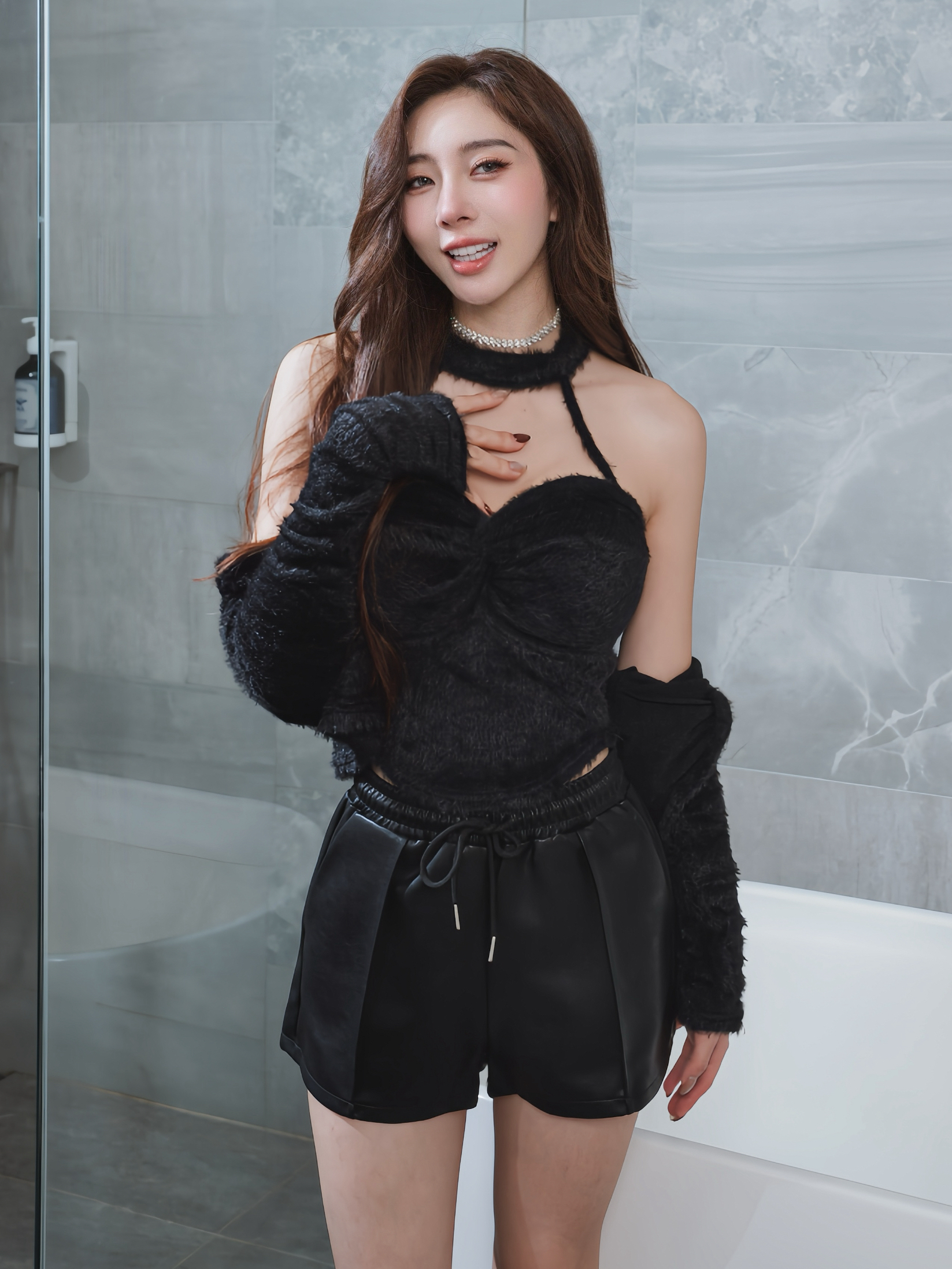 🤍水貂毛脖圈扭結背心+罩衫兩件式（黑色均碼）