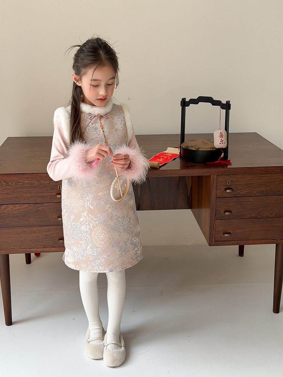 鳳凰寶相拼接毛邊旗袍背心裙(90-160)