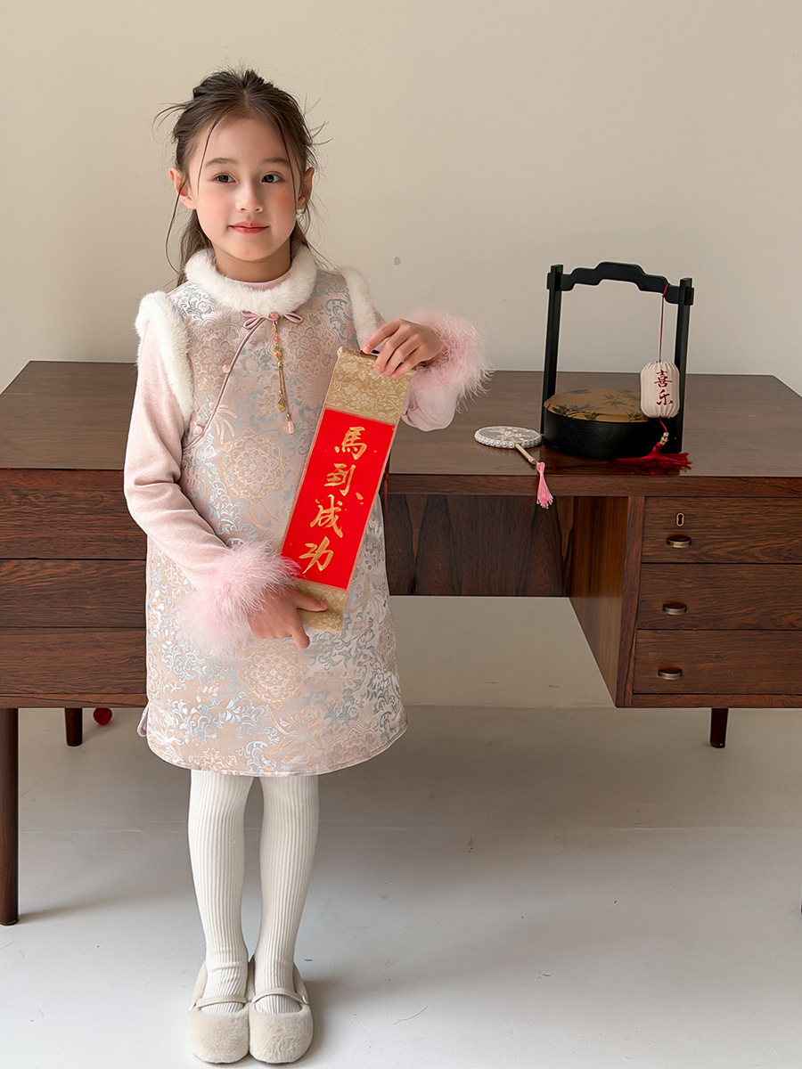 鳳凰寶相拼接毛邊旗袍背心裙(90-160)