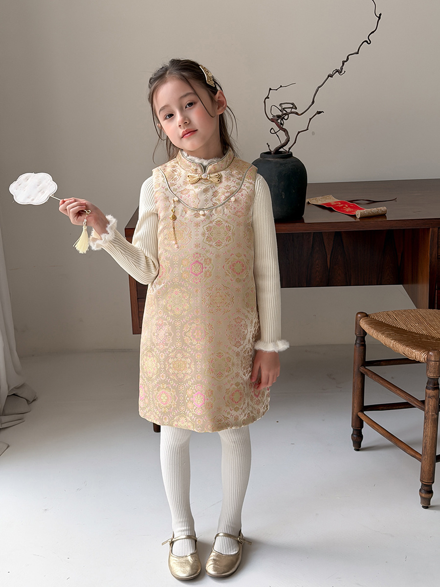 香檳色花團旗袍背心裙(90-160)