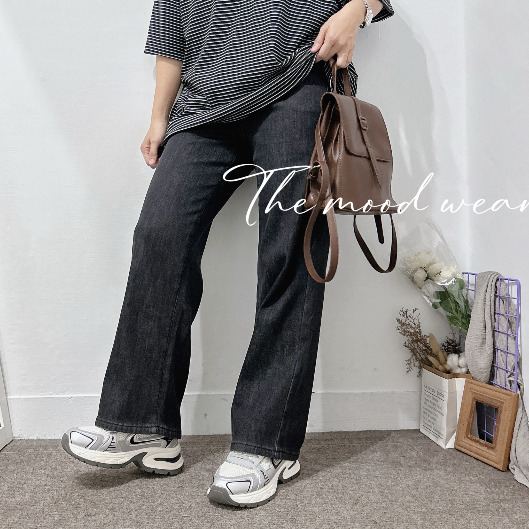 S-2XL不厚重內裡絨毛水洗牛仔黑寬褲