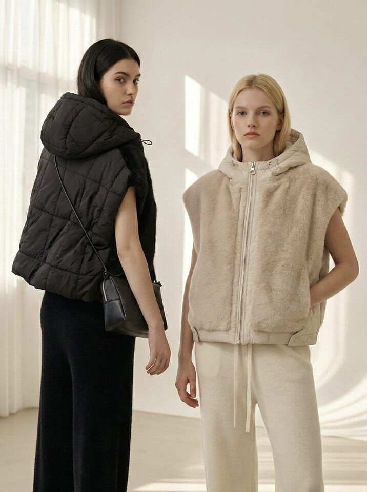 SA5401 方格羽絨拼毛毛拉鏈連帽外套