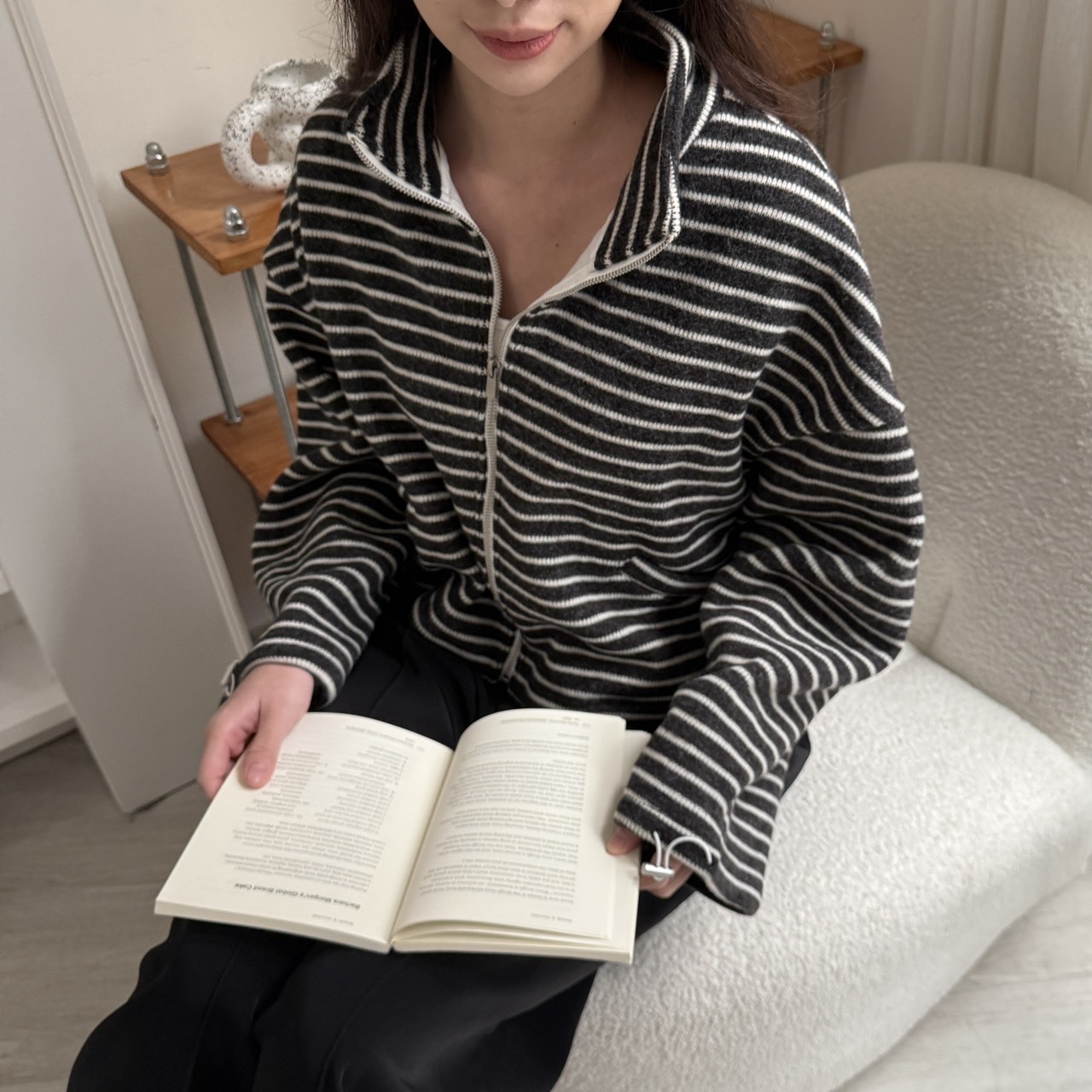 內刷絨針織條紋外套 A2860