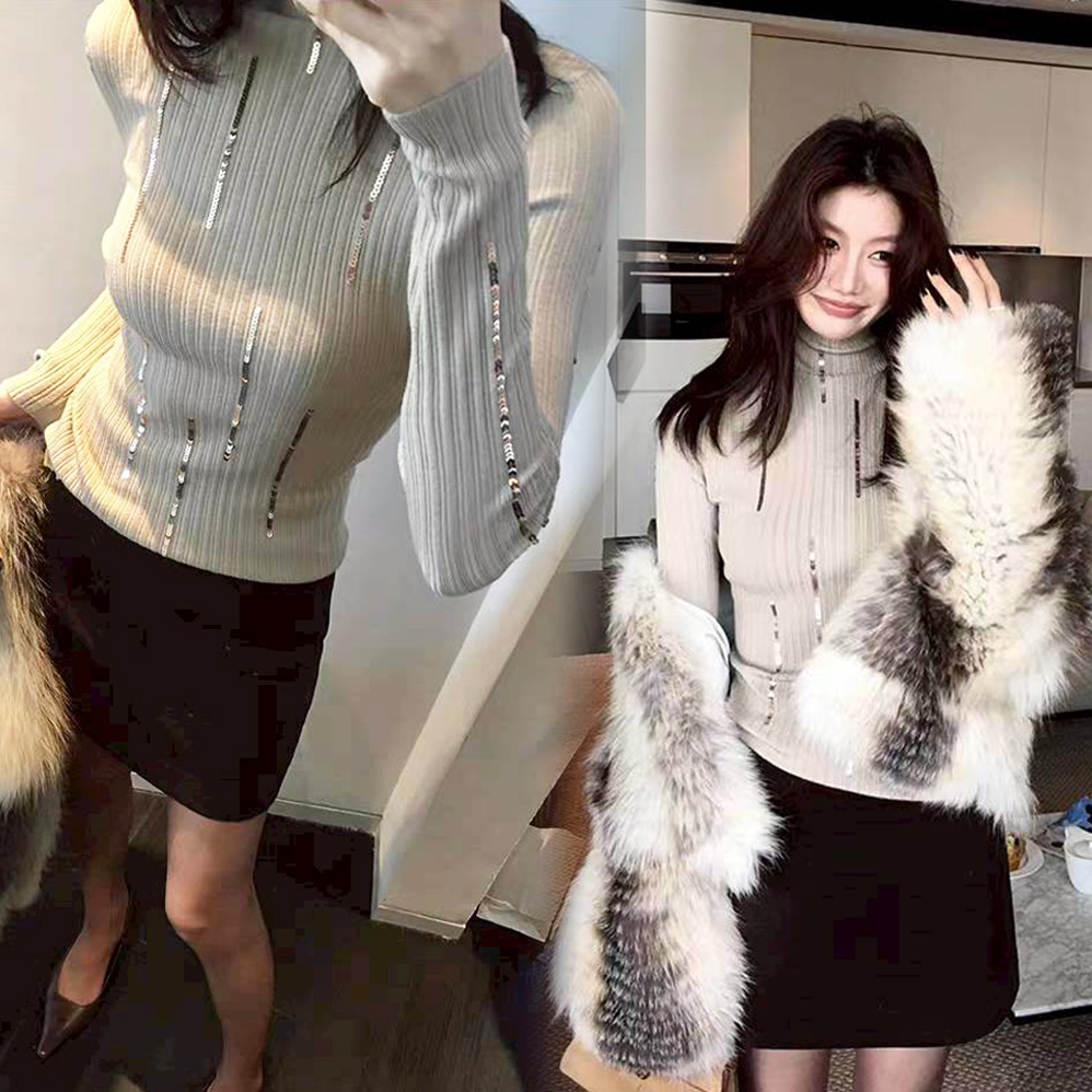 不規則亮片直紋螺紋高領上衣-S-XL / 2色 (Elegant & Love)