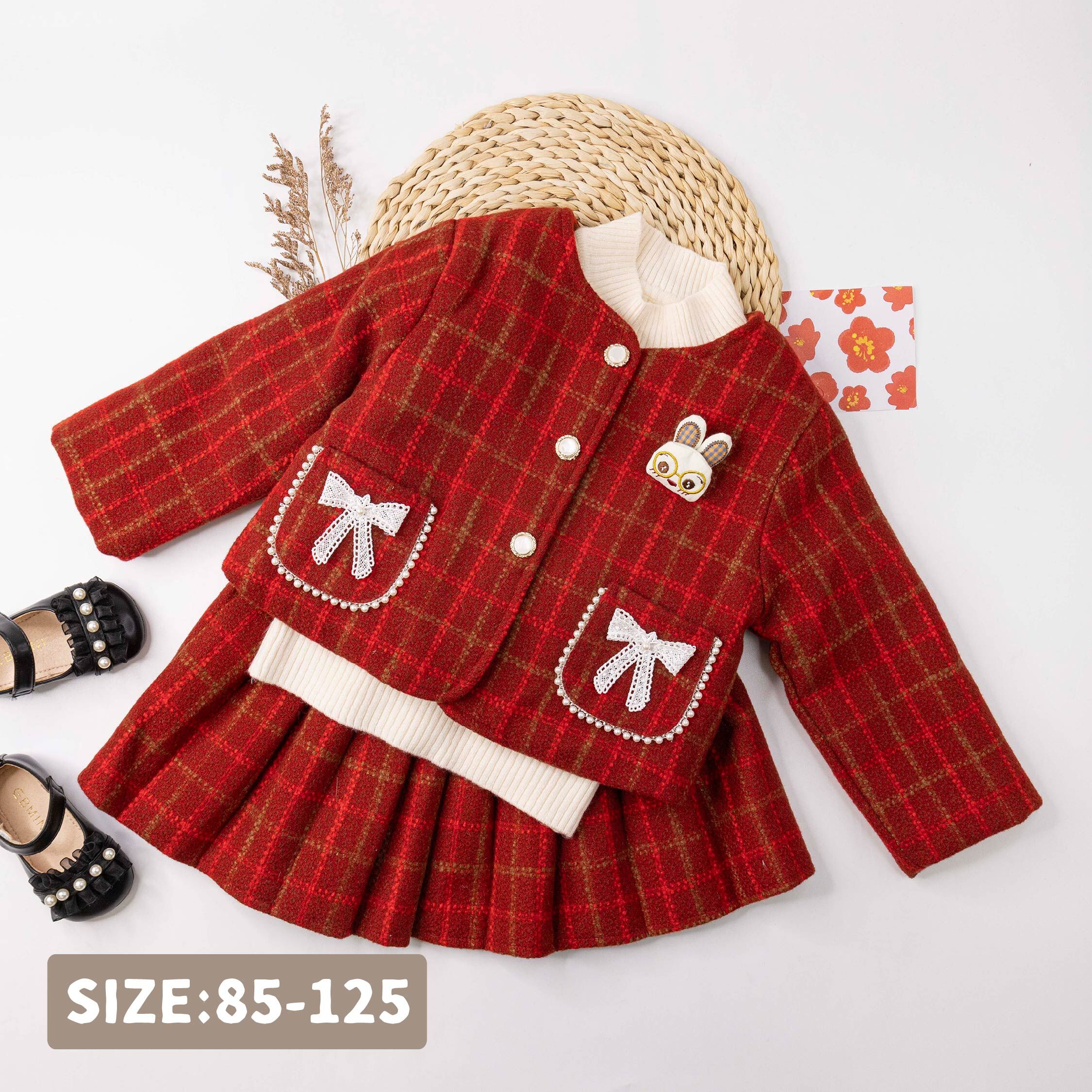 【H56025】珍珠蝴蝶結格紋毛呢三件式套裝(附兔兔別針)