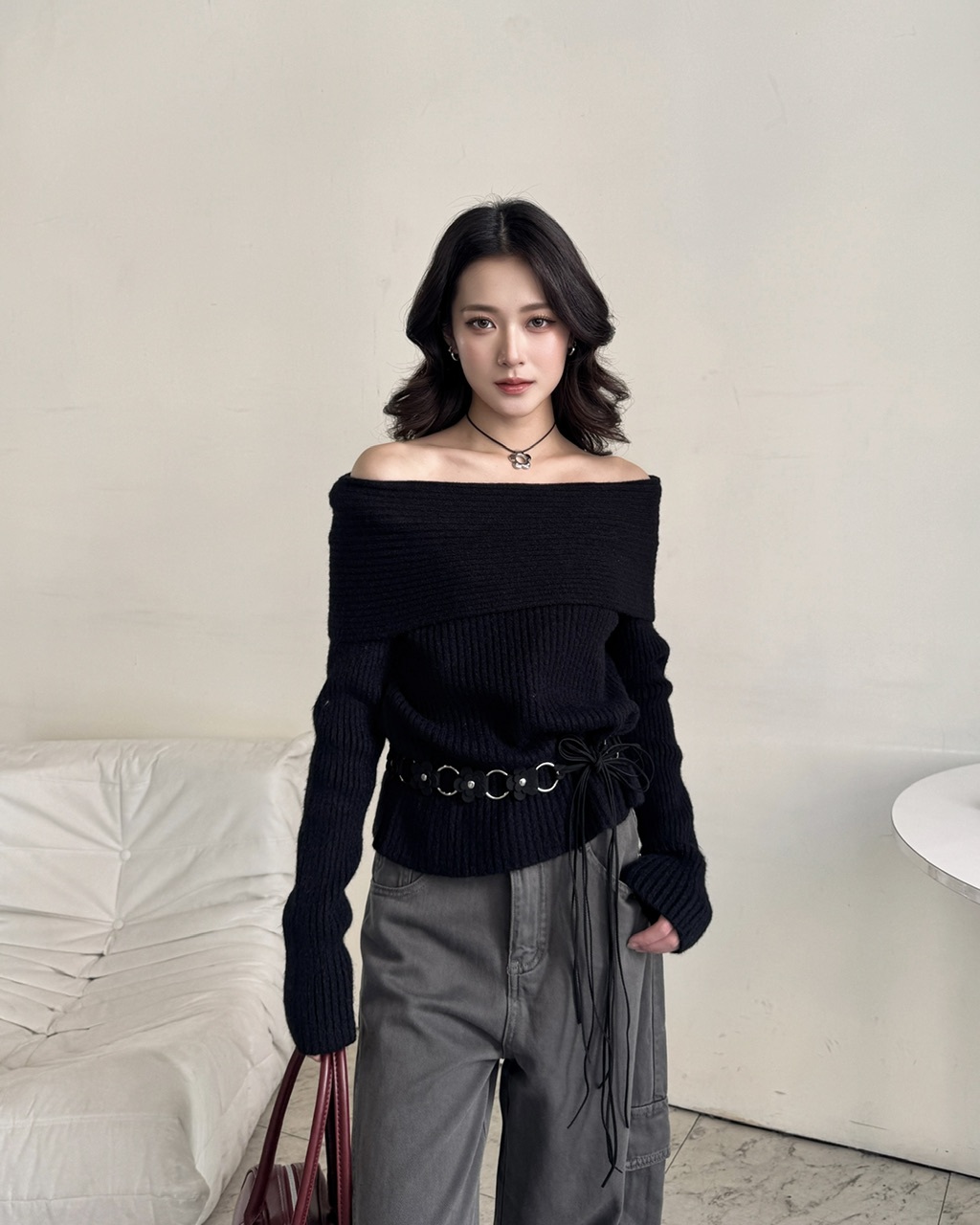 保暖寬氣質一字領上衣-987A