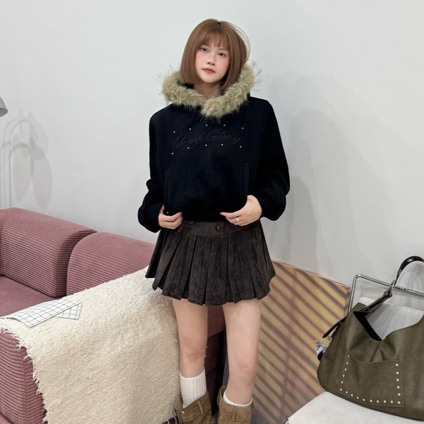 流浪舊日集 毛毛領短版連帽上衣