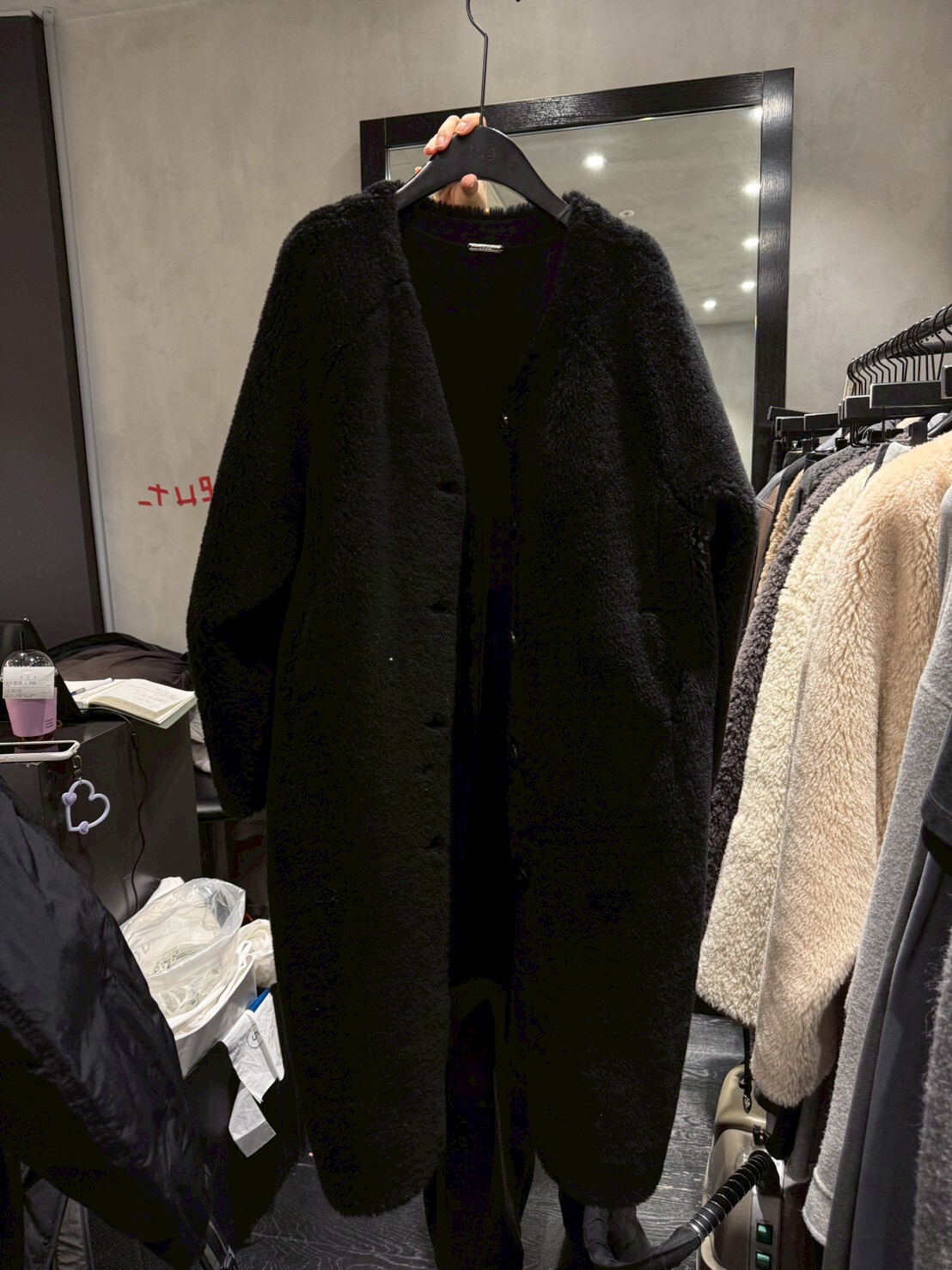 #DD73歐美羔羊毛長版大衣(杏/黑)