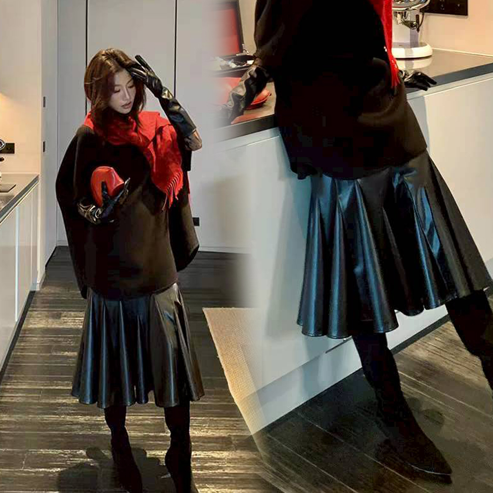 經典黑PU皮革魚尾裙擺長裙皮裙-S-XXL (Elegant & Love)