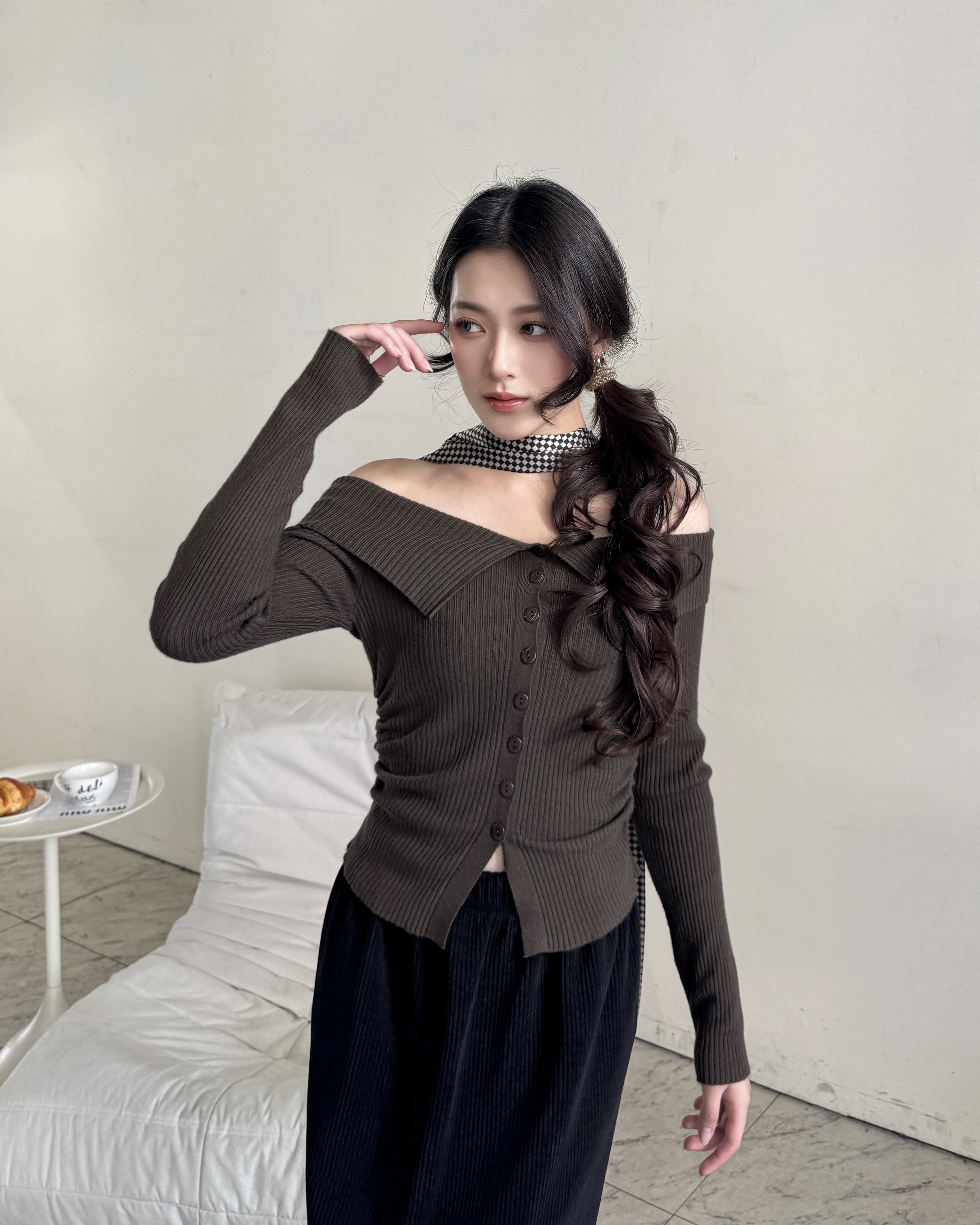 性感翻領鈕扣針織上衣-6968