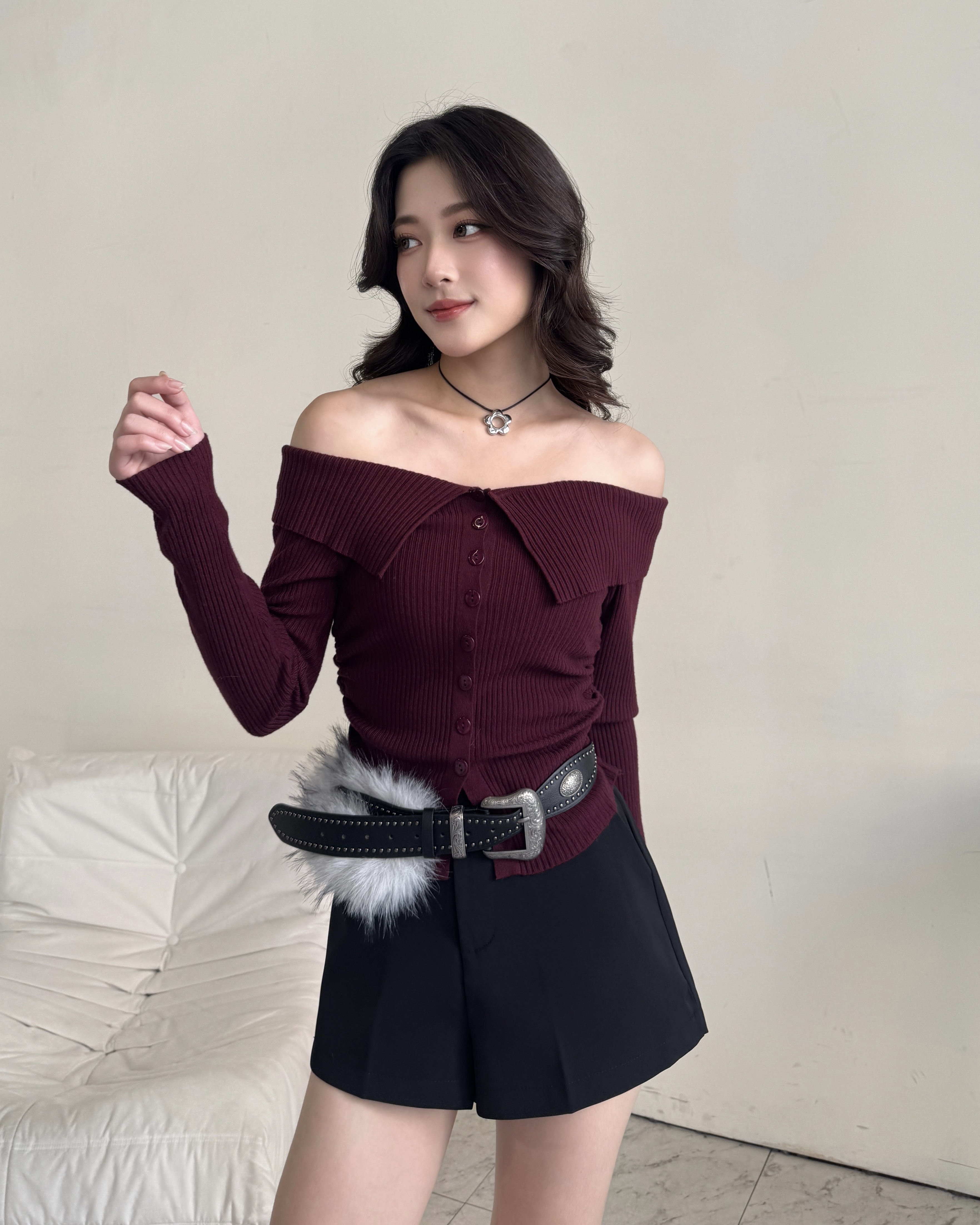 性感翻領鈕扣針織上衣-6968