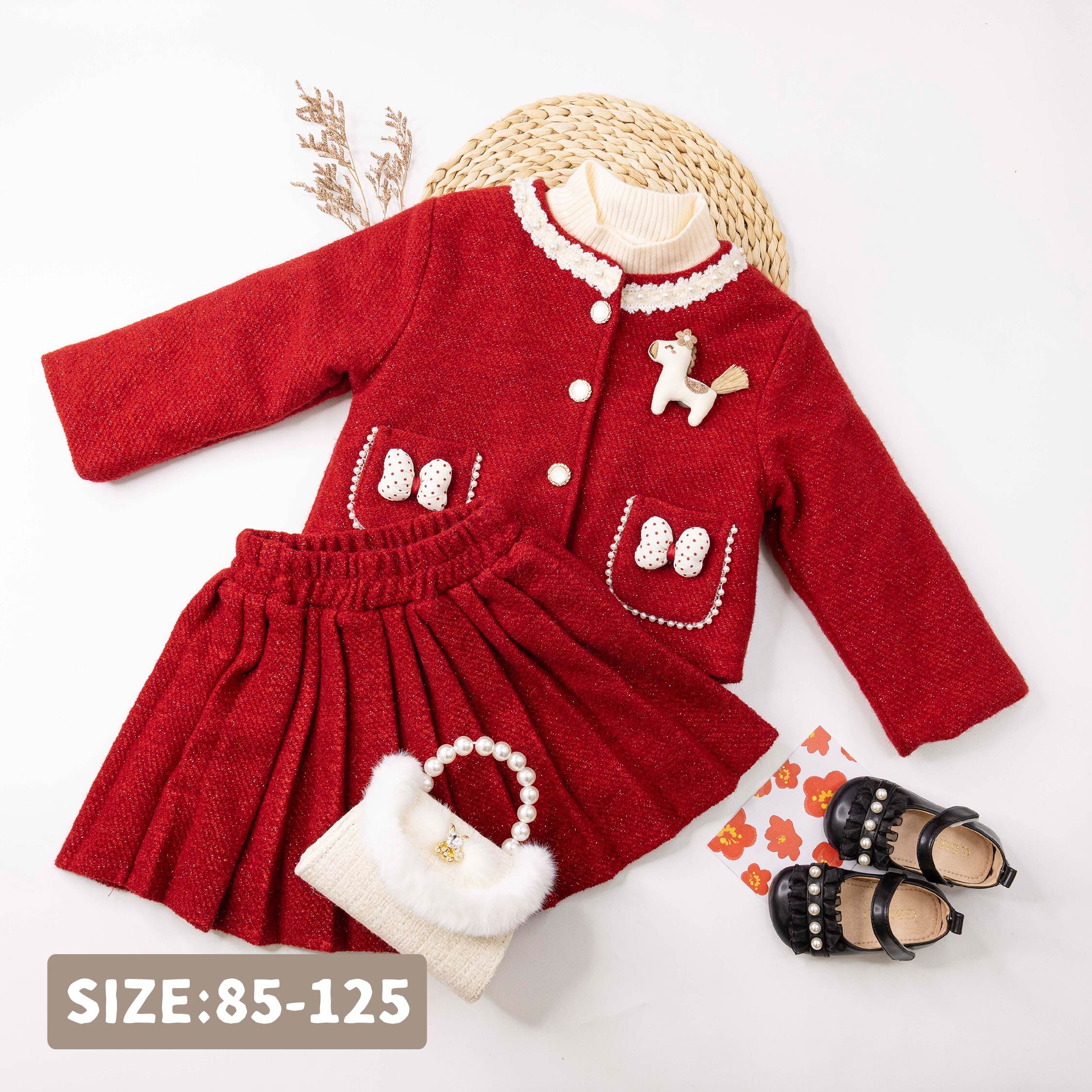 【H56024】珍珠編織亮蔥三件式套裝(附小馬別針)