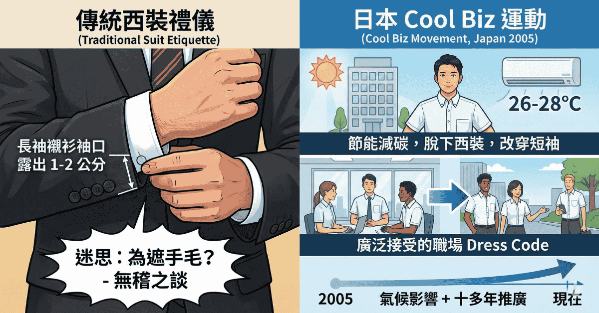 展示職場男士穿著合身剪裁、不打領帶的短袖上班襯衫，自信展現專業形象。背景融入26-28度節能空調與日本Cool Biz起源意象，強調夏季職場兼顧涼爽舒適與正式禮儀的穿搭典範。