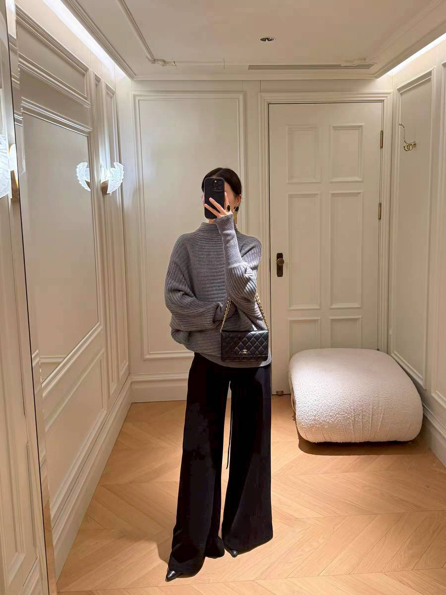 鬆緊腰同色系綁帶落地針織褲長褲-S-L / 2色 (Elegant & Love)