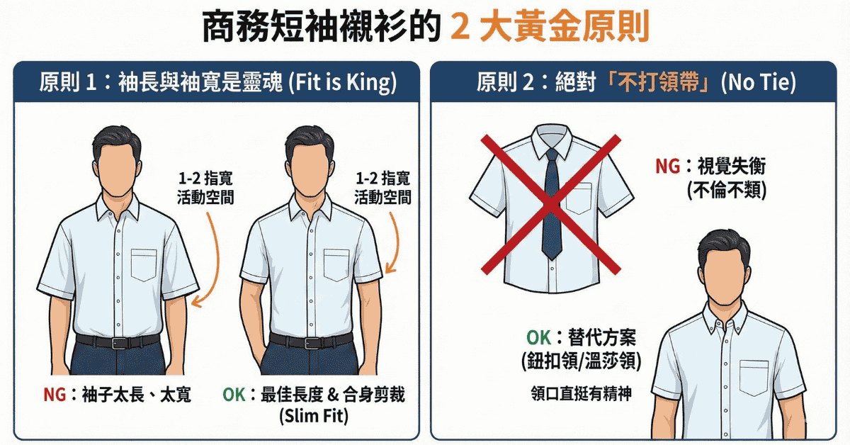 原則1強調袖長與袖寬合身重要性，比較NG太長太寬與OK最佳長度Slim Fit剪裁；原則2說明絕對不打領帶的鐵律，展示NG視覺失衡與OK替代方案（鈕扣領/溫莎領）的正確穿法。