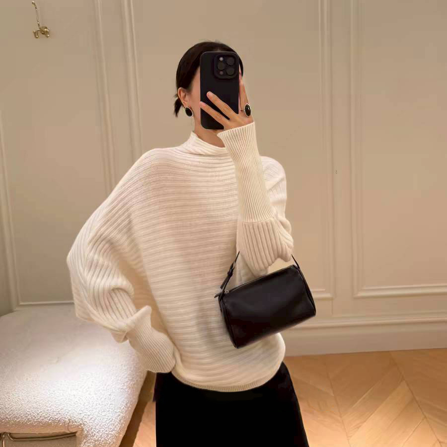 橫向織紋感立領落肩針織上衣毛衣-F / 3色 (Elegant & Love)