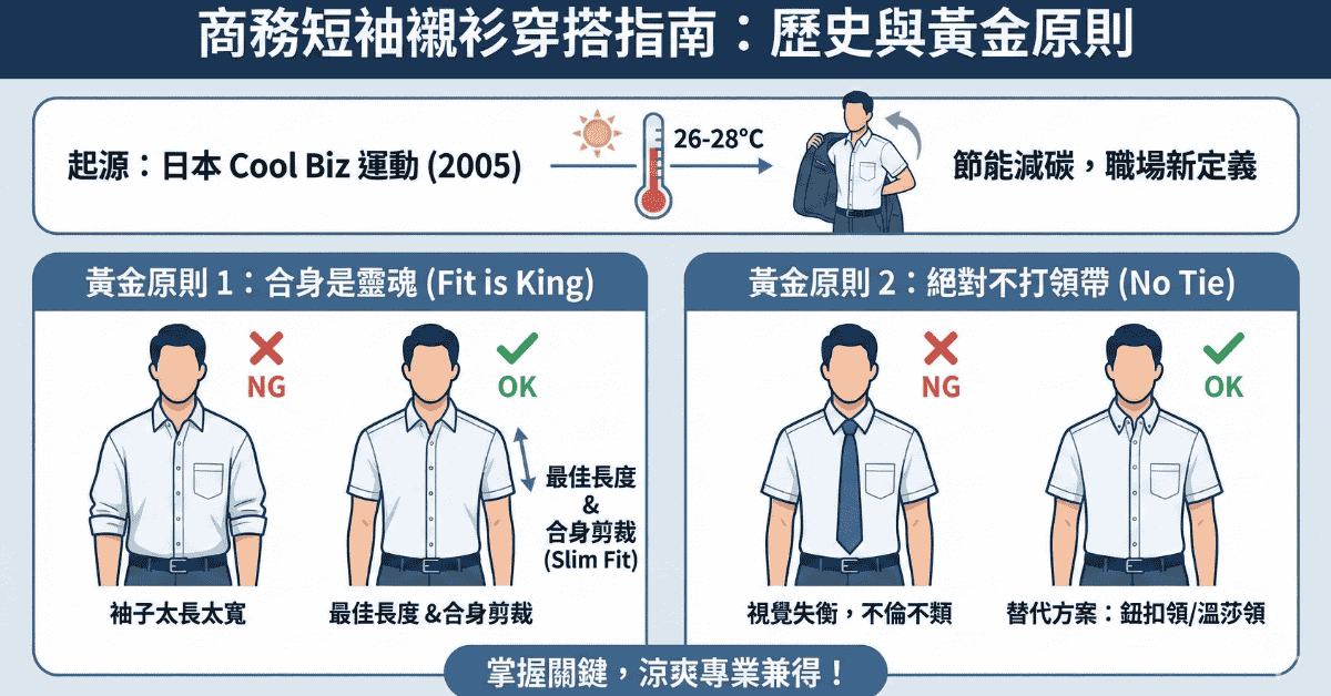 統整Cool Biz起源、2大黃金穿搭原則（袖長不過手肘、絕對不打領帶）與3大選購關鍵（高支數布料、立挺領型、下擺設計），教您打造夏日專業涼爽的職場形象。
