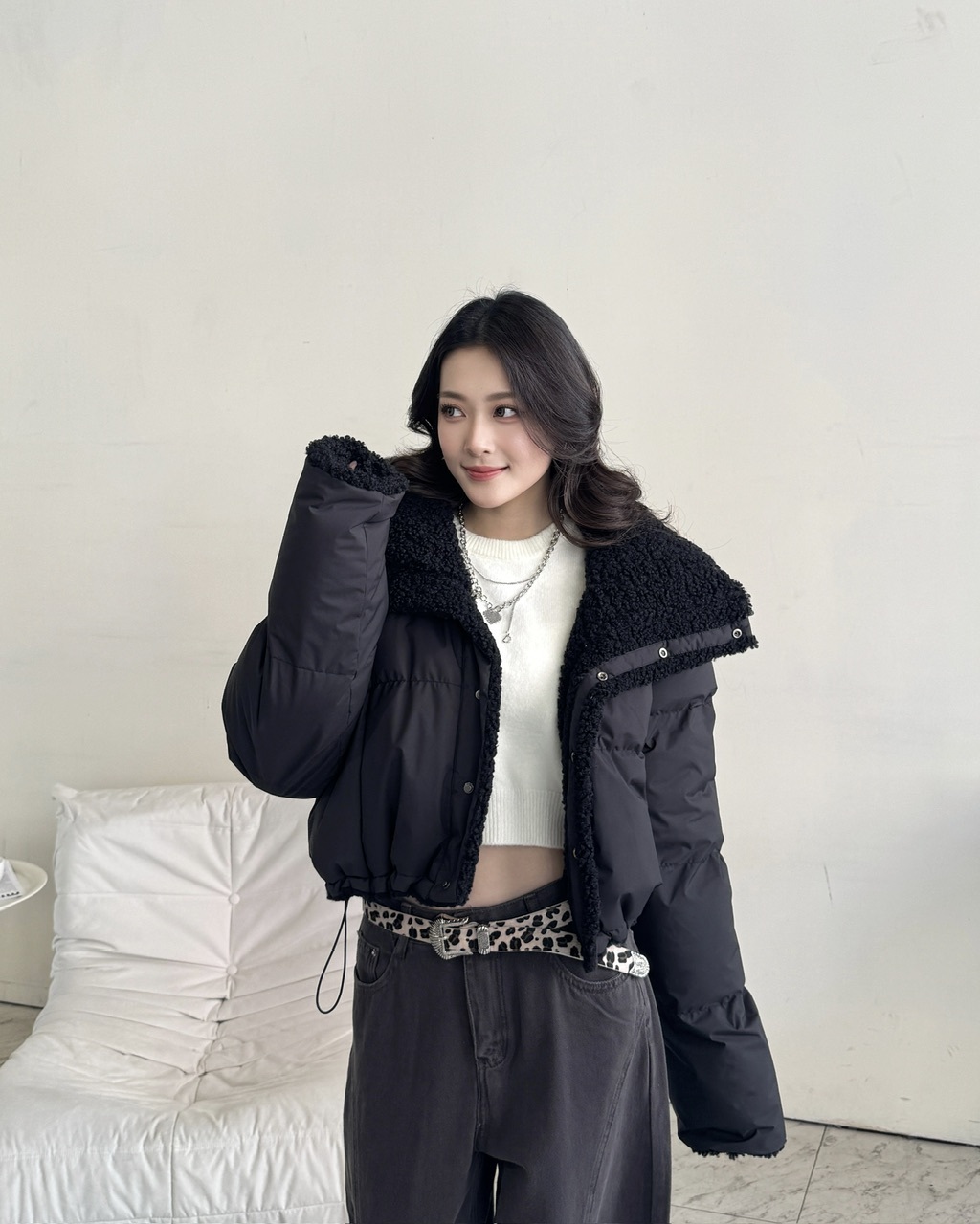 獨特羔毛鋪棉翻領短版外套—8110