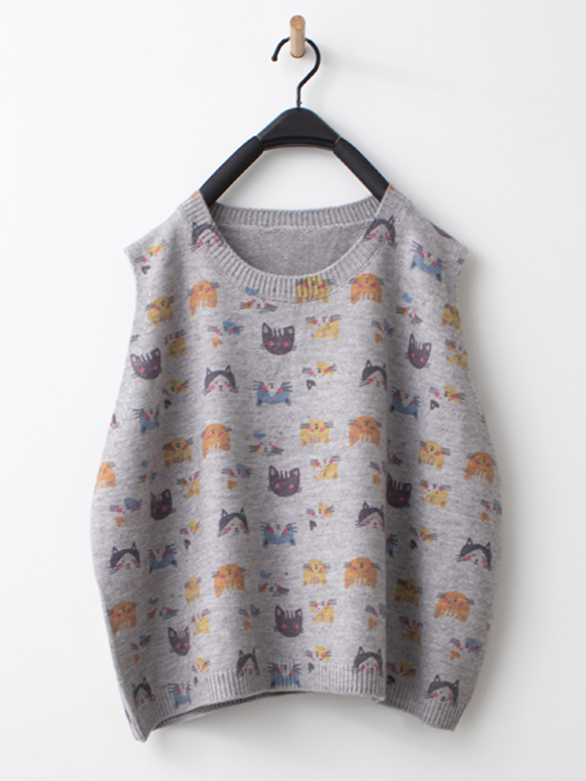 日系滿印貓咪微起毛寬鬆針織背心